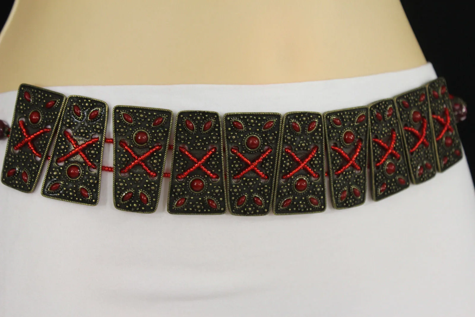 Antique Gold Plates Vintage Japan Brown Red Multi Beads Belt S M L