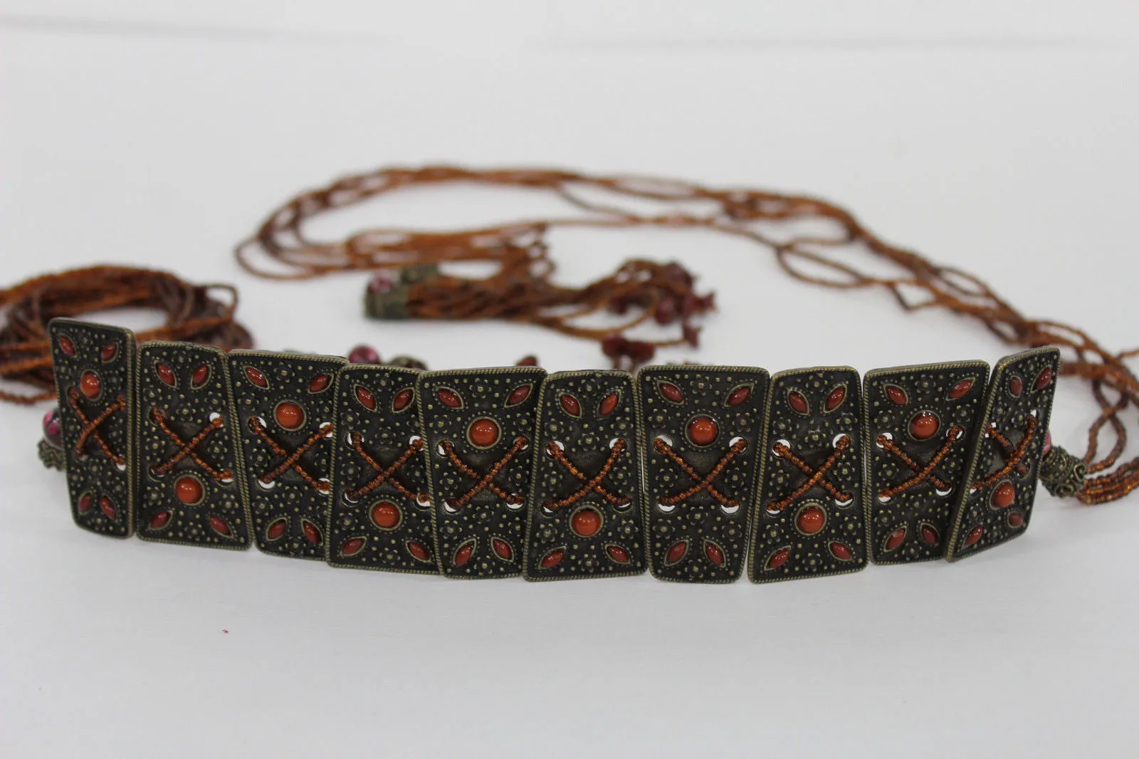 Antique Gold Plates Vintage Japan Brown Red Multi Beads Belt S M L