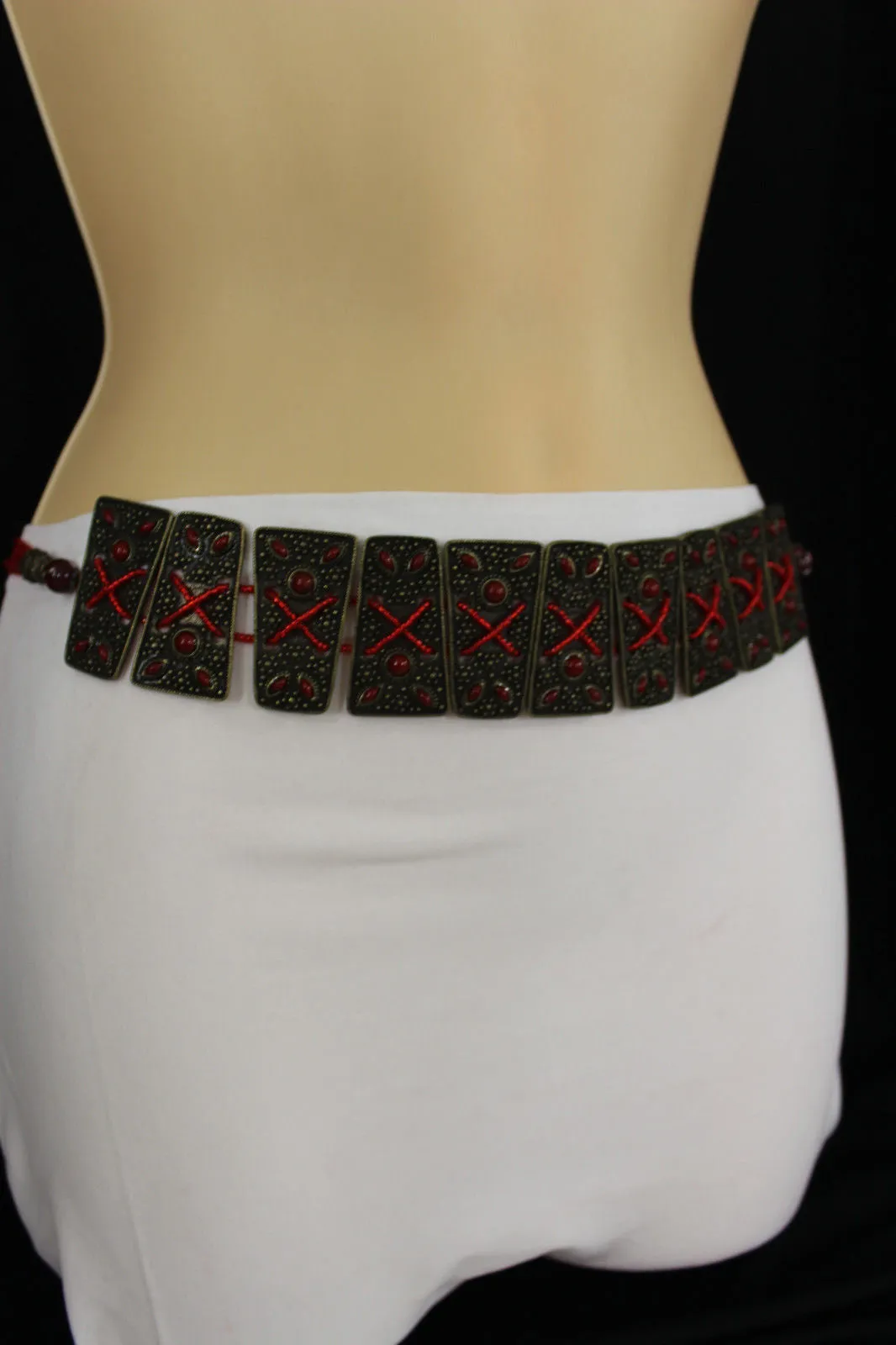 Antique Gold Plates Vintage Japan Brown Red Multi Beads Belt S M L