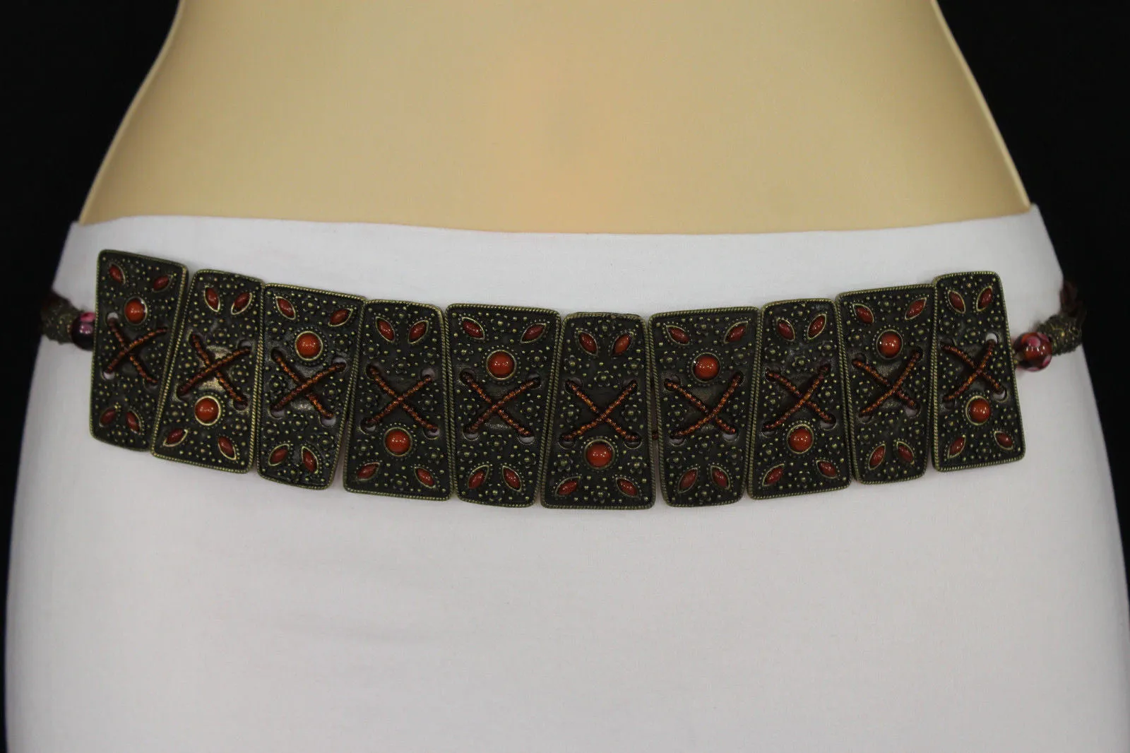 Antique Gold Plates Vintage Japan Brown Red Multi Beads Belt S M L