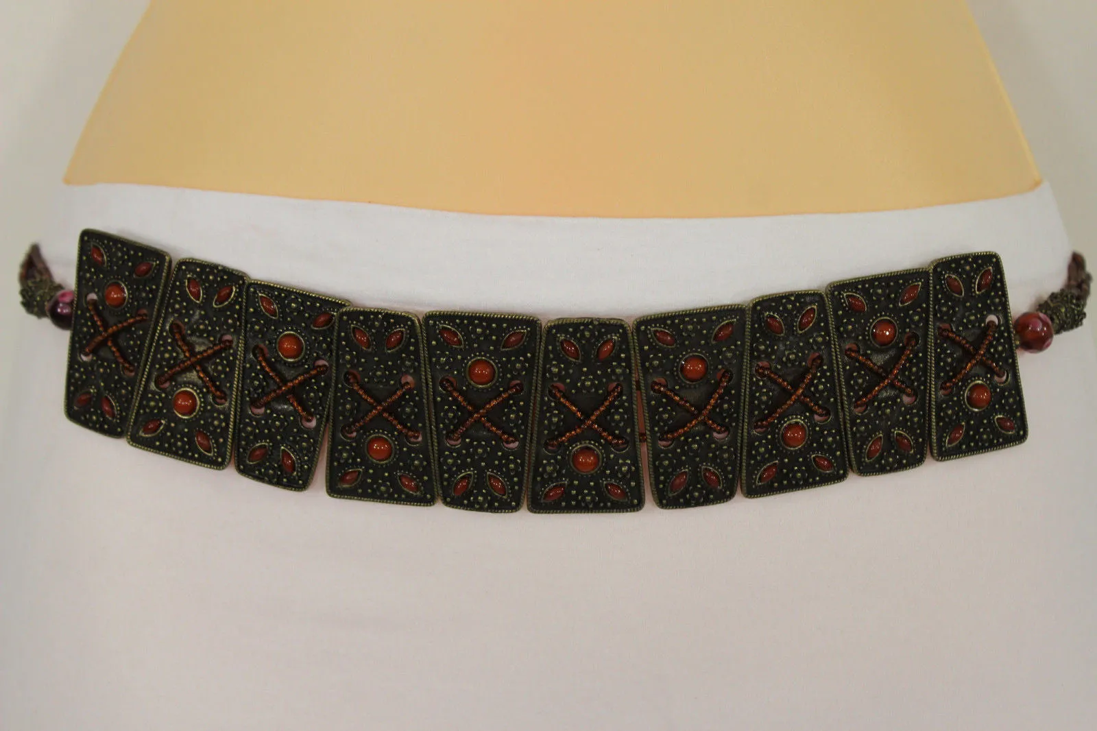 Antique Gold Plates Vintage Japan Brown Red Multi Beads Belt S M L