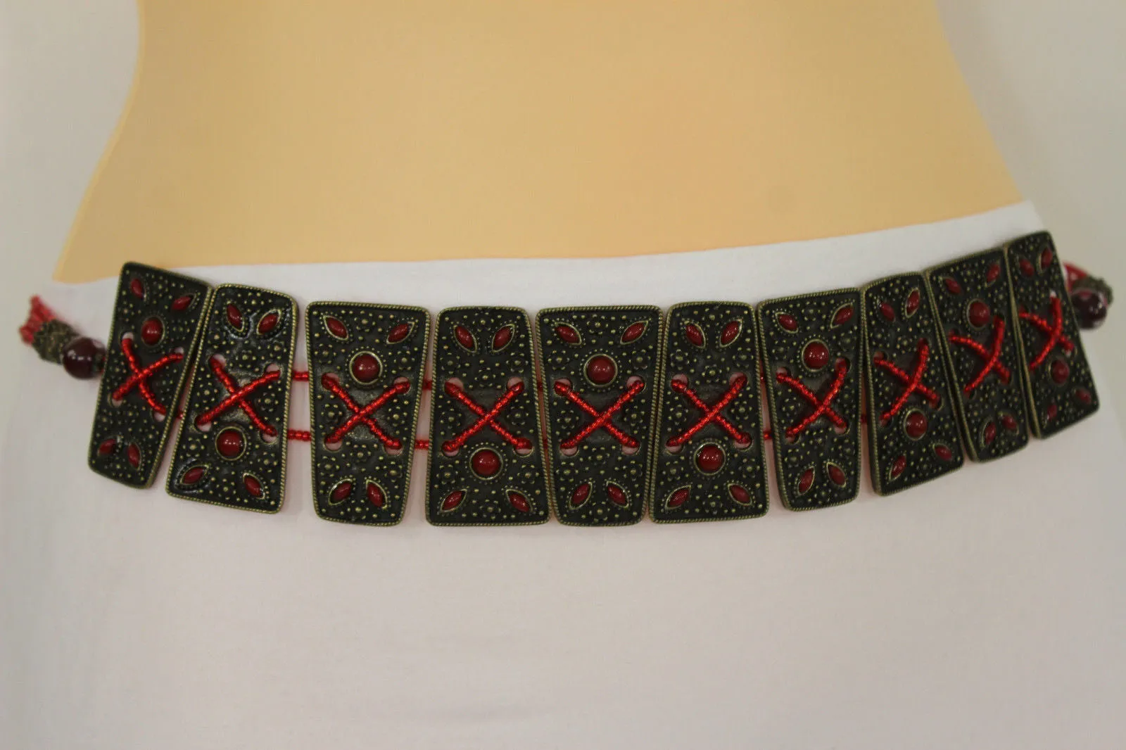 Antique Gold Plates Vintage Japan Brown Red Multi Beads Belt S M L