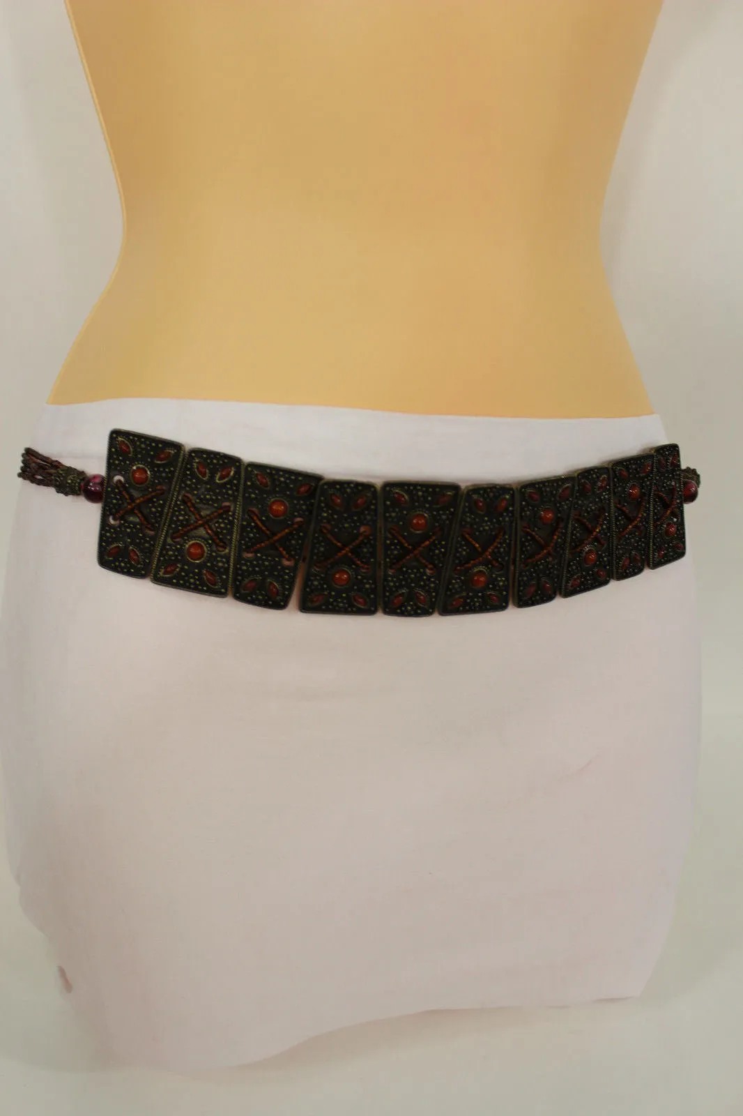 Antique Gold Plates Vintage Japan Brown Red Multi Beads Belt S M L