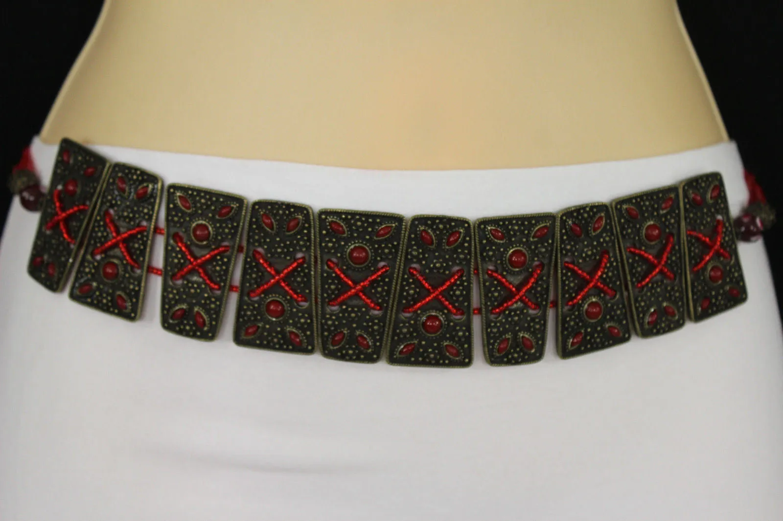 Antique Gold Plates Vintage Japan Brown Red Multi Beads Belt S M L