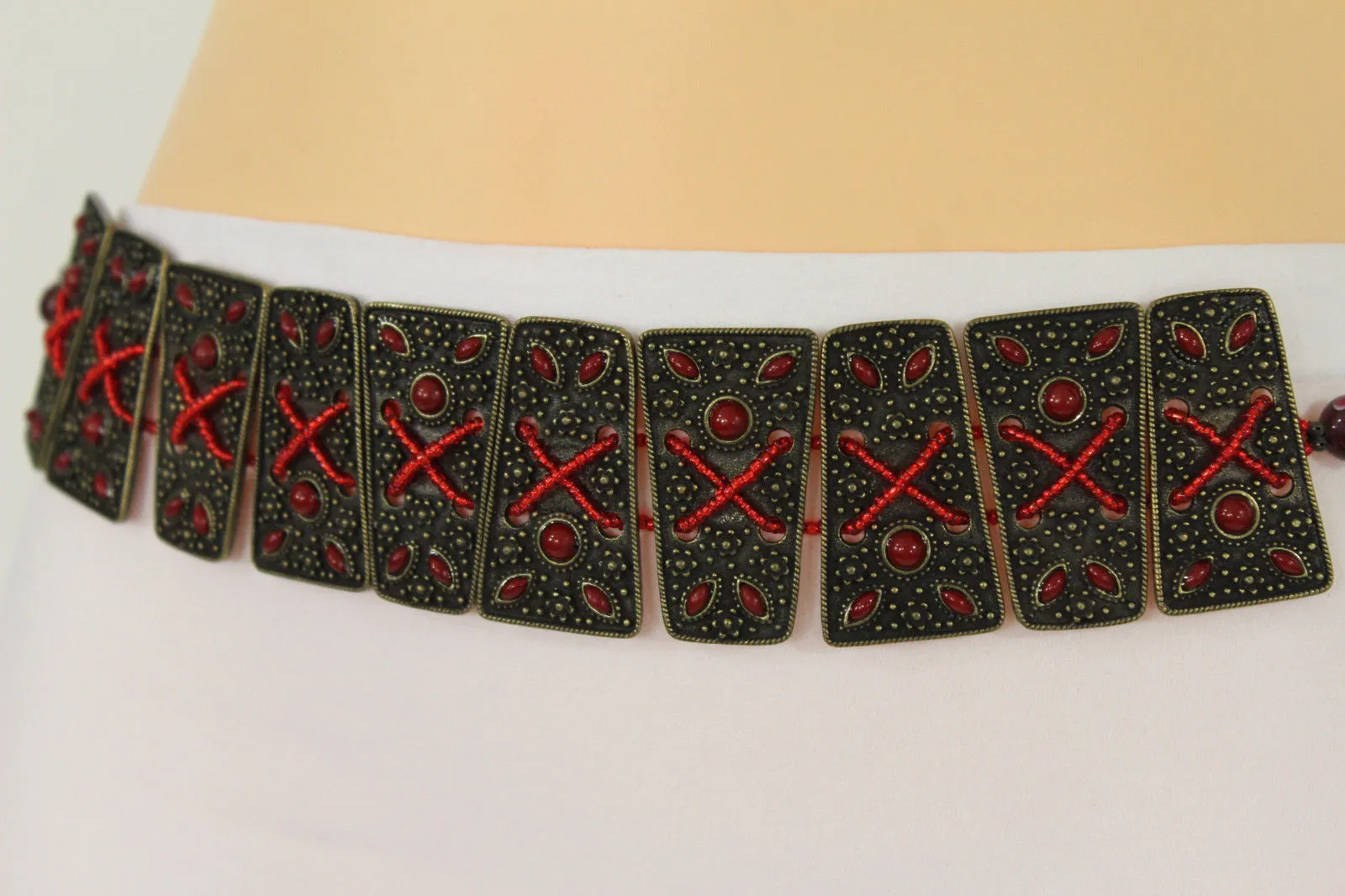 Antique Gold Plates Vintage Japan Brown Red Multi Beads Belt S M L