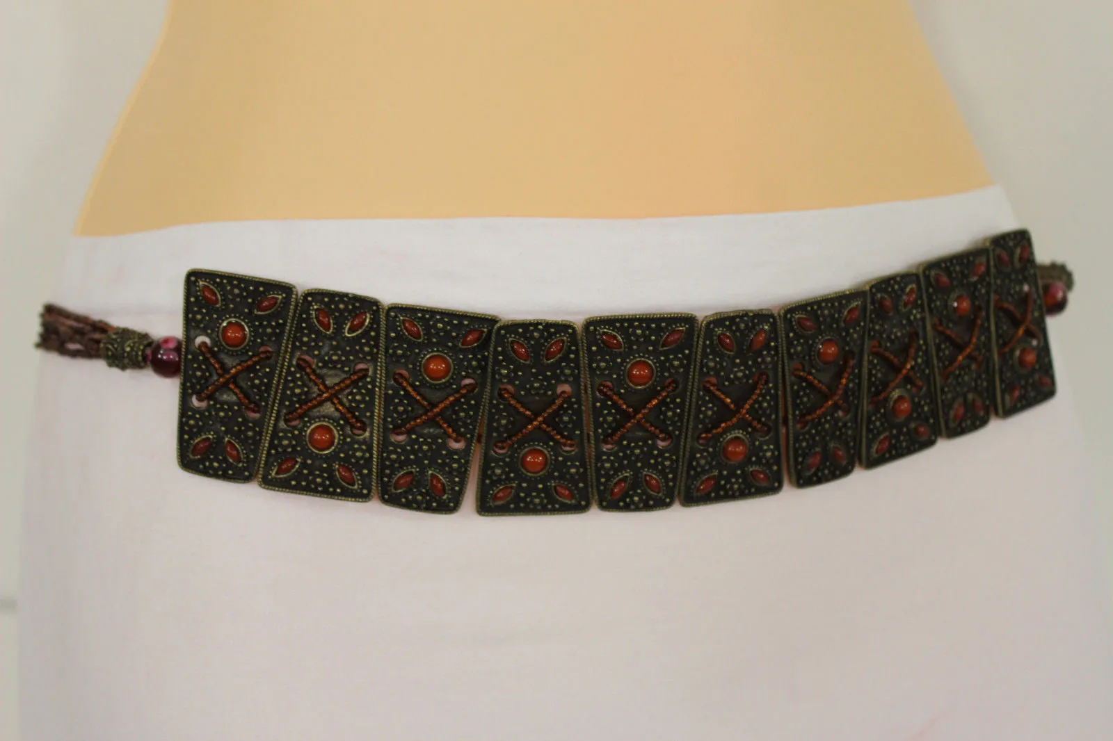 Antique Gold Plates Vintage Japan Brown Red Multi Beads Belt S M L