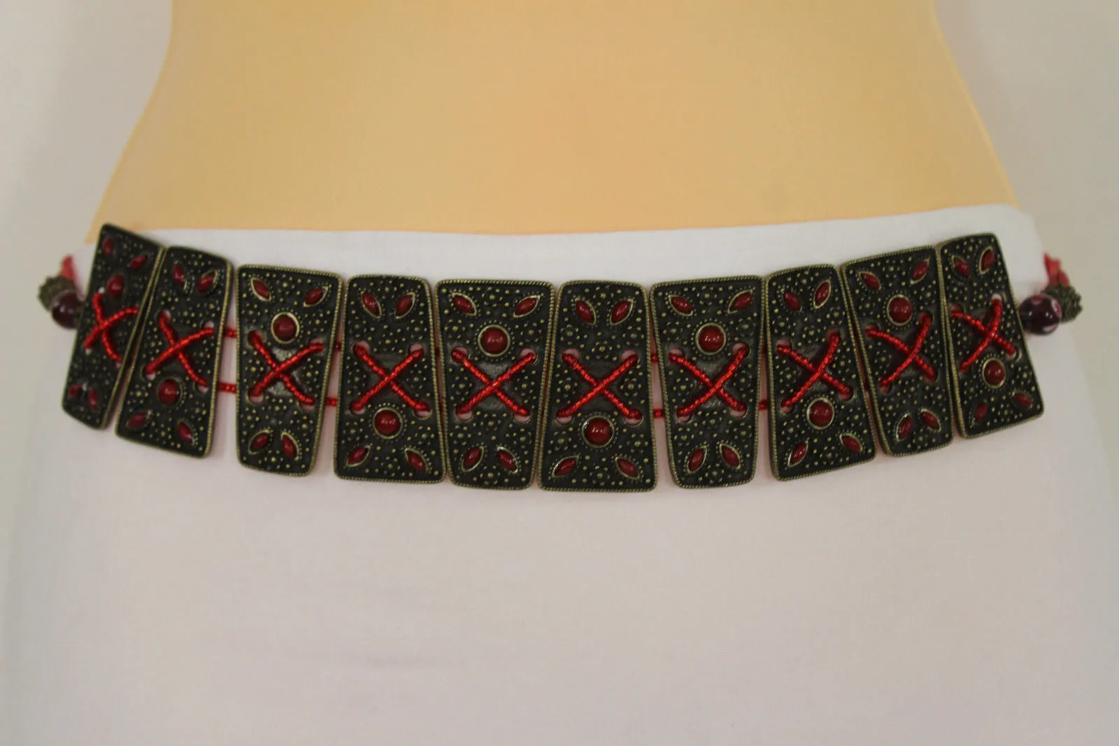 Antique Gold Plates Vintage Japan Brown Red Multi Beads Belt S M L