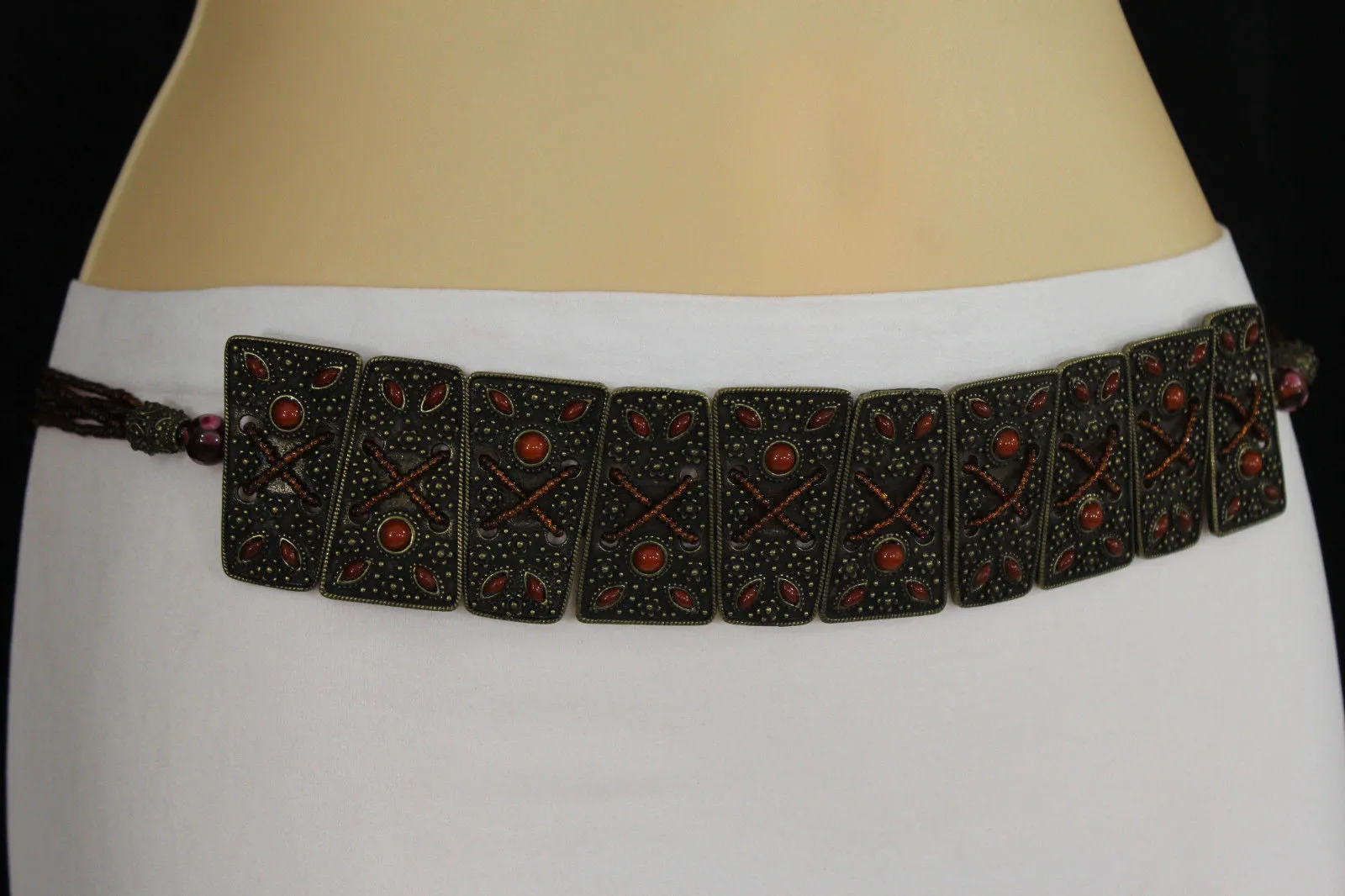 Antique Gold Plates Vintage Japan Brown Red Multi Beads Belt S M L