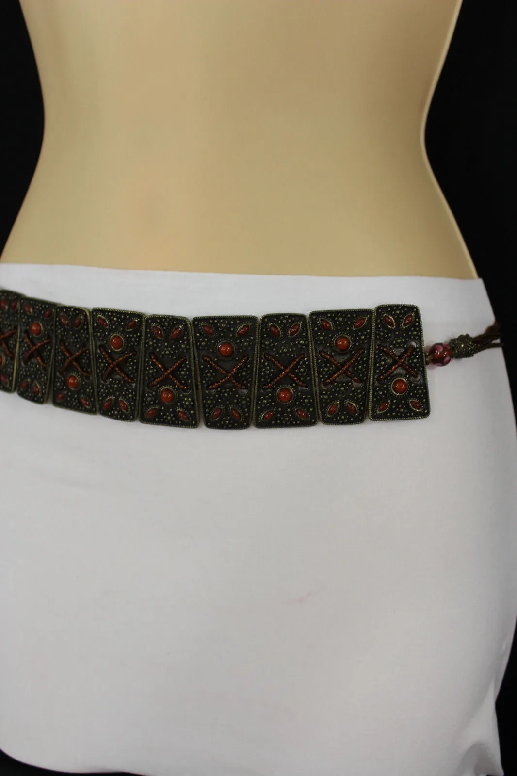 Antique Gold Plates Vintage Japan Brown Red Multi Beads Belt S M L