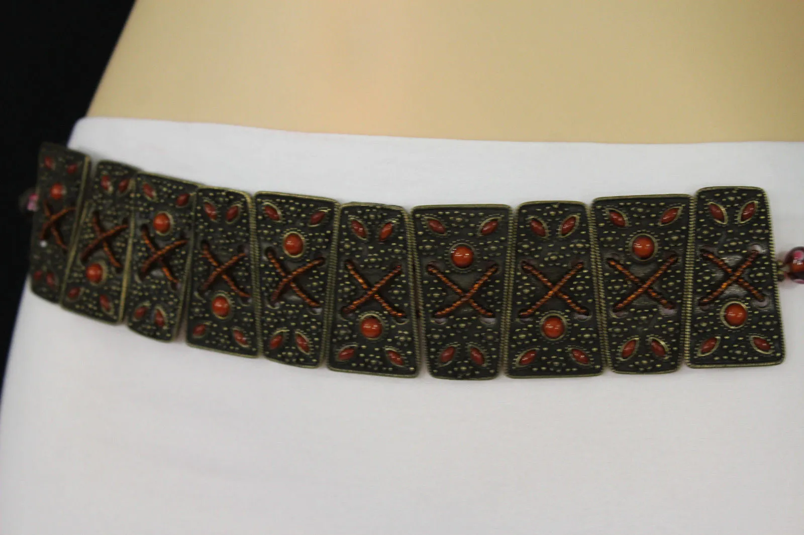 Antique Gold Plates Vintage Japan Brown Red Multi Beads Belt S M L