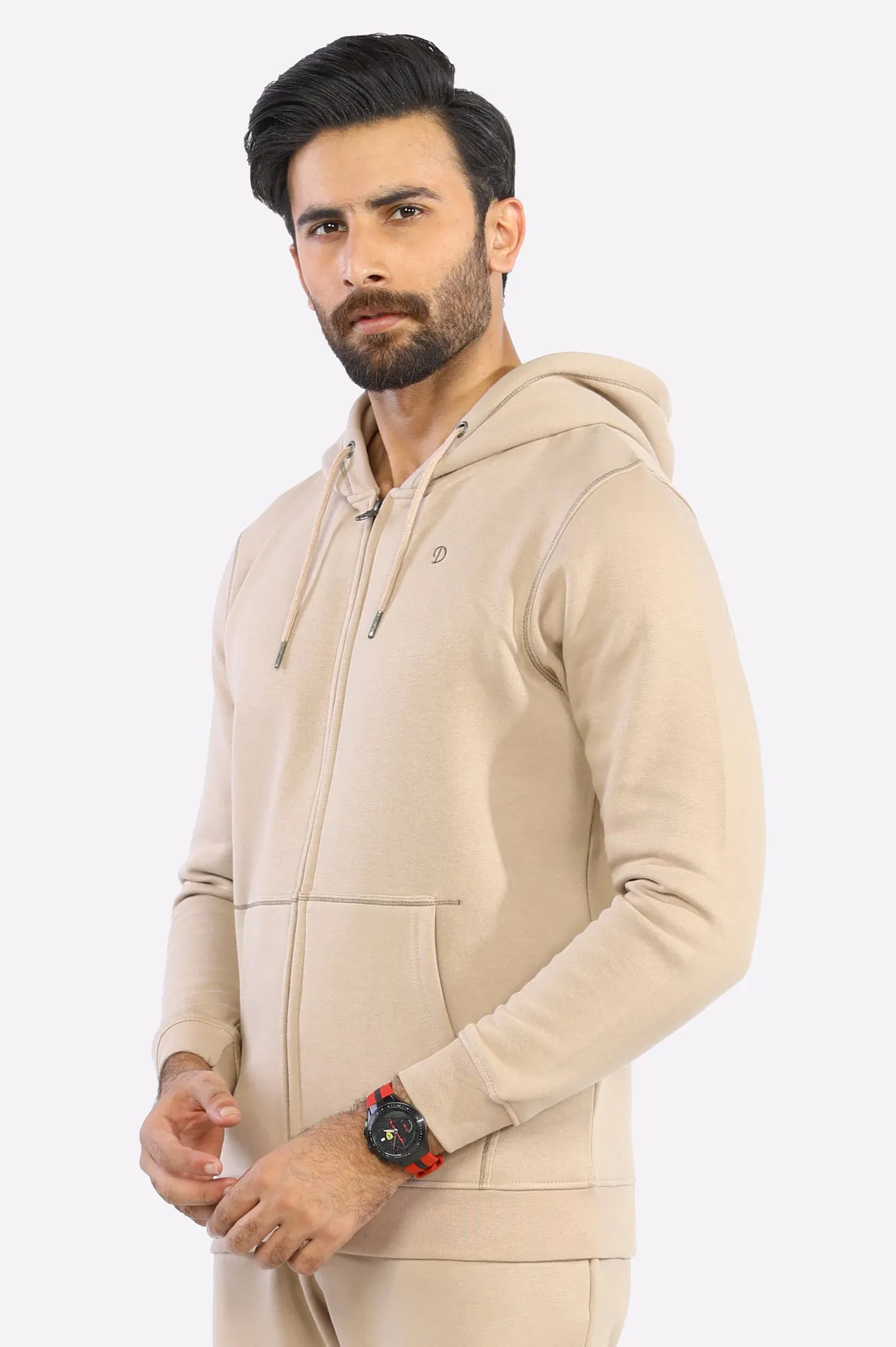 Beige Zipper Hoodie for Mens