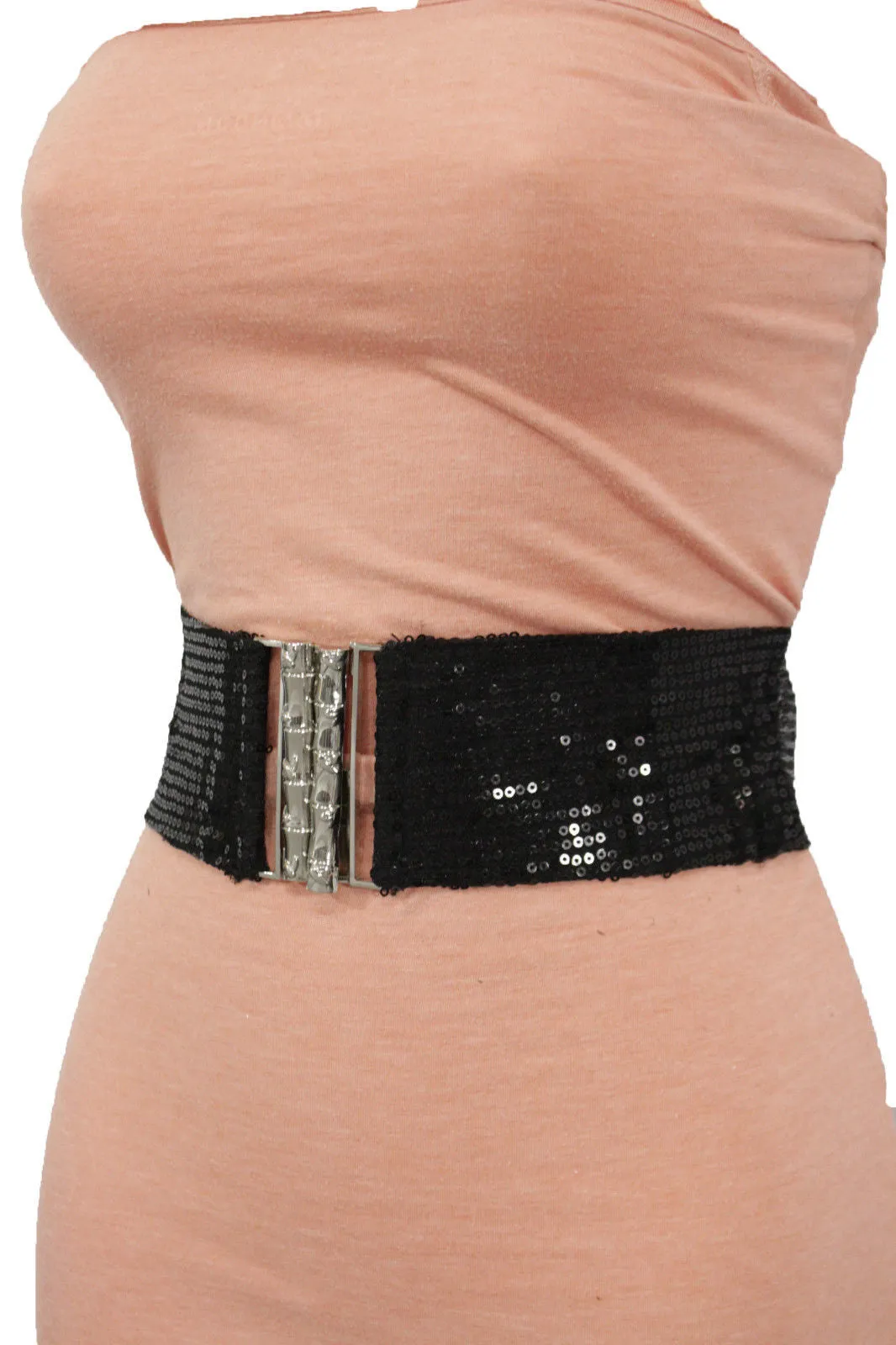 Black Stretch Fabric Sequins Dressy Hot Belt Big Silver Metal Bamboo Buckle Women XS S M