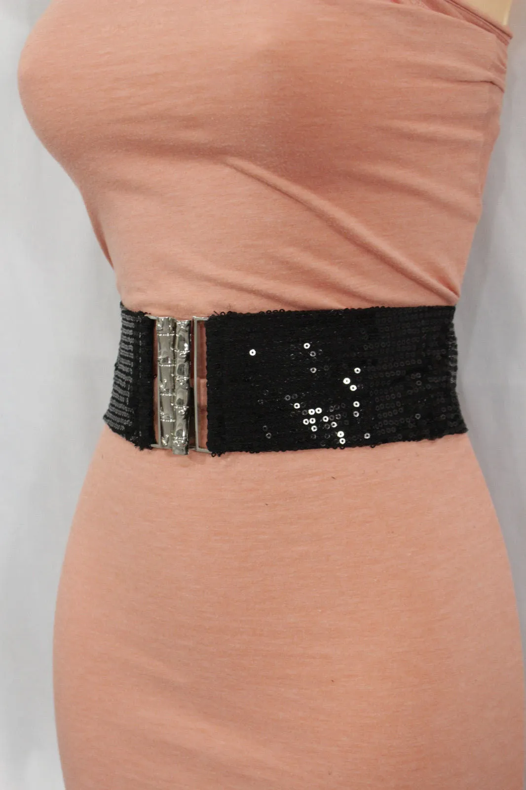 Black Stretch Fabric Sequins Dressy Hot Belt Big Silver Metal Bamboo Buckle Women XS S M