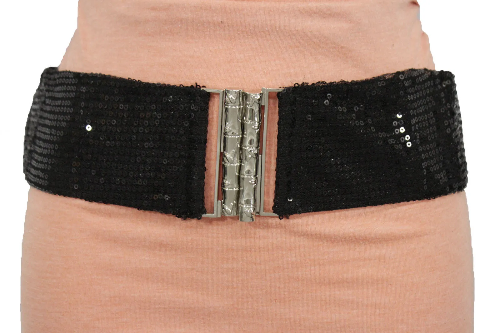 Black Stretch Fabric Sequins Dressy Hot Belt Big Silver Metal Bamboo Buckle Women XS S M