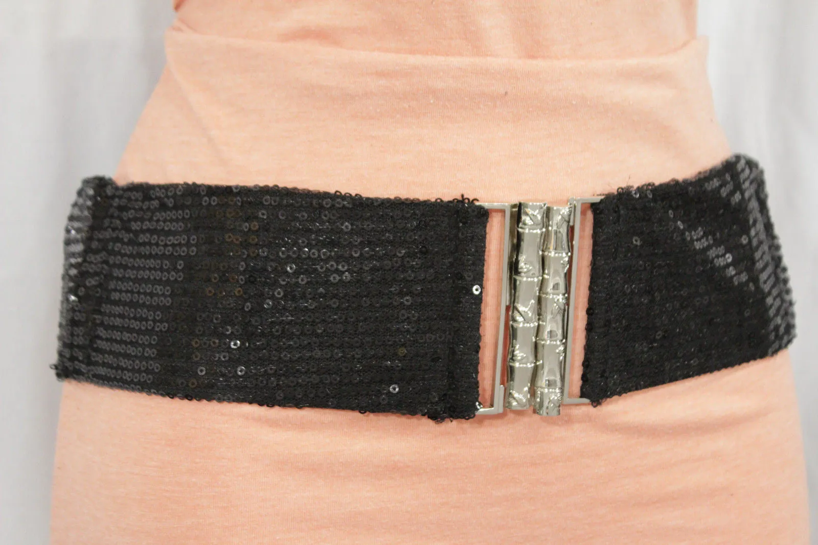 Black Stretch Fabric Sequins Dressy Hot Belt Big Silver Metal Bamboo Buckle Women XS S M