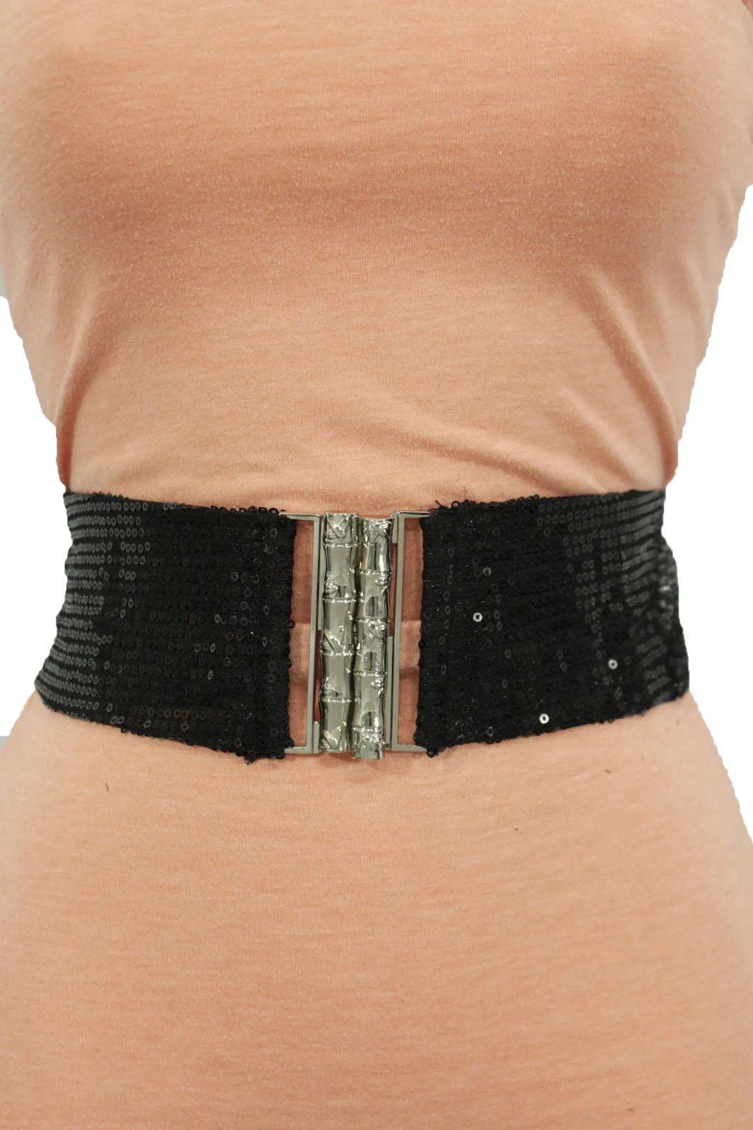 Black Stretch Fabric Sequins Dressy Hot Belt Big Silver Metal Bamboo Buckle Women XS S M