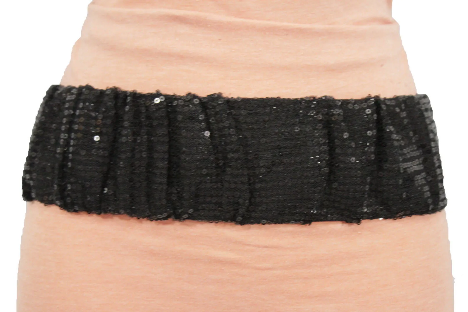 Black Stretch Fabric Sequins Dressy Hot Belt Big Silver Metal Bamboo Buckle Women XS S M