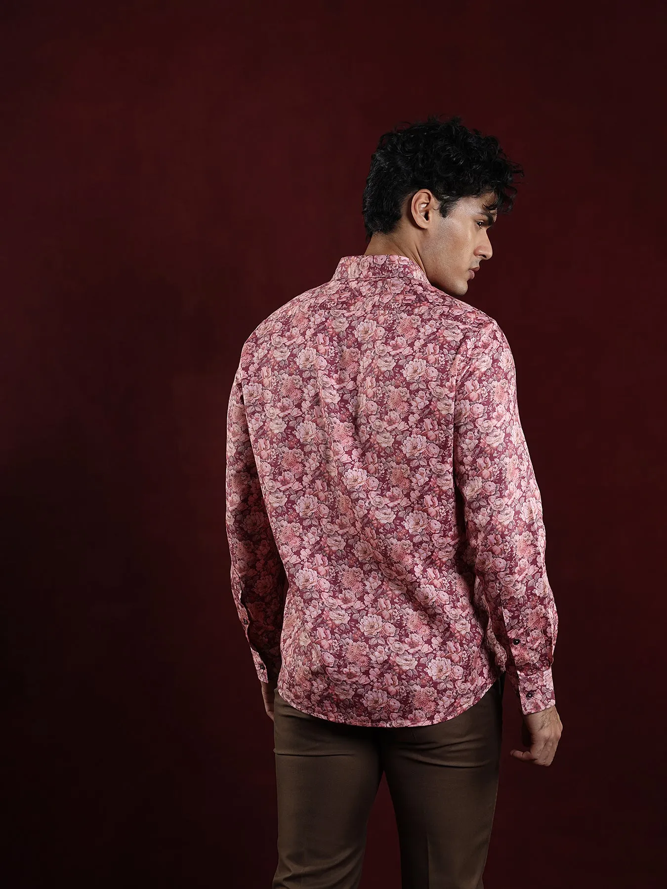 Cotton Tencel Maroon Printed Slim Fit Full Sleeve Ceremonial Shirt