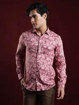 Cotton Tencel Maroon Printed Slim Fit Full Sleeve Ceremonial Shirt