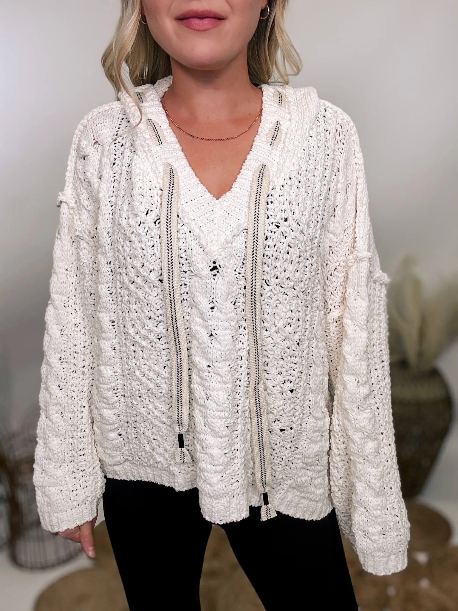 Cream V-Neck Chenille Cable Knit Sweater Hoodie