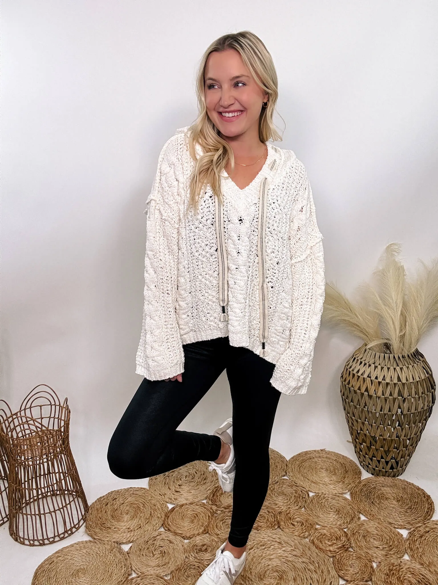 Cream V-Neck Chenille Cable Knit Sweater Hoodie