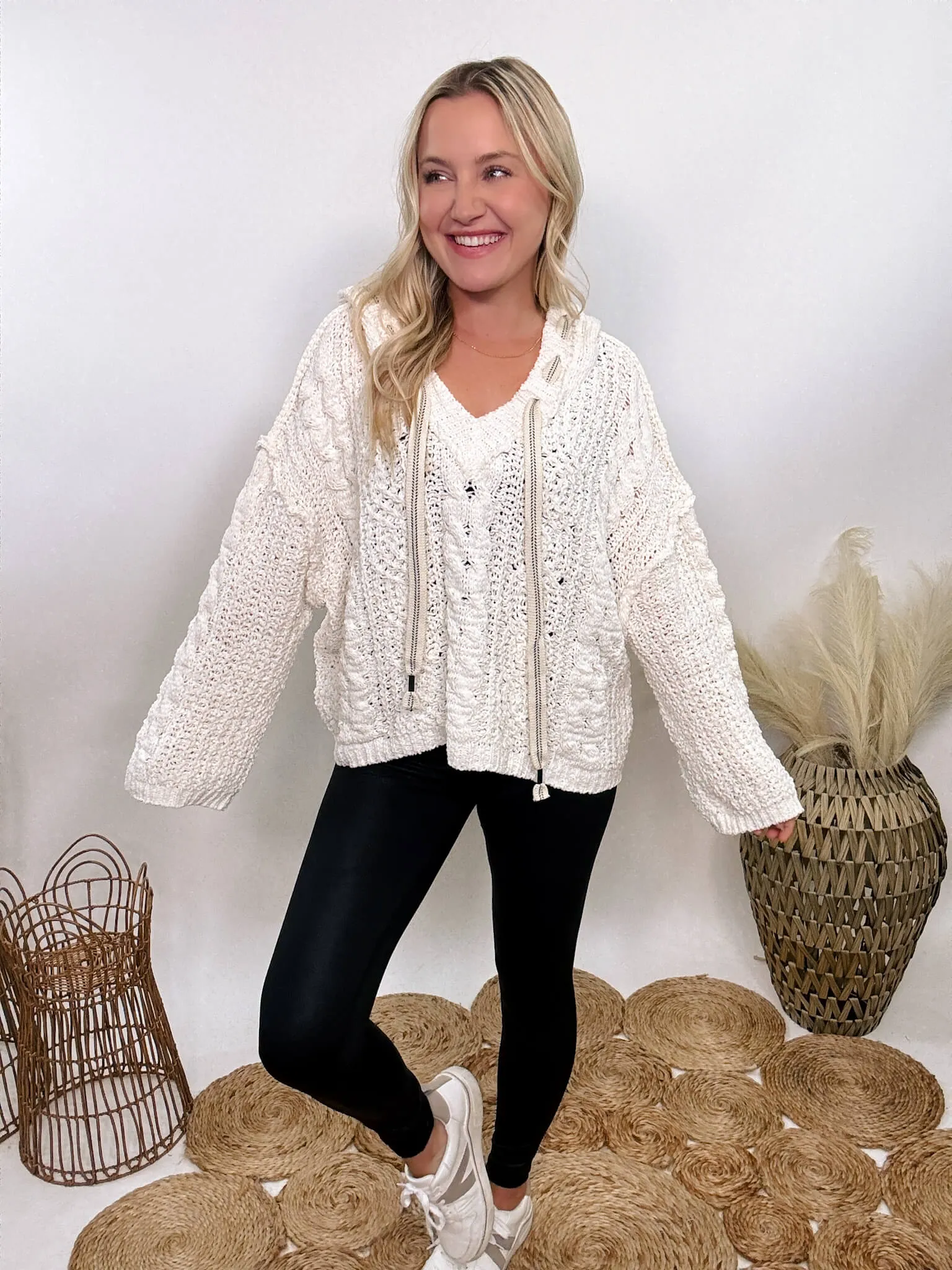 Cream V-Neck Chenille Cable Knit Sweater Hoodie