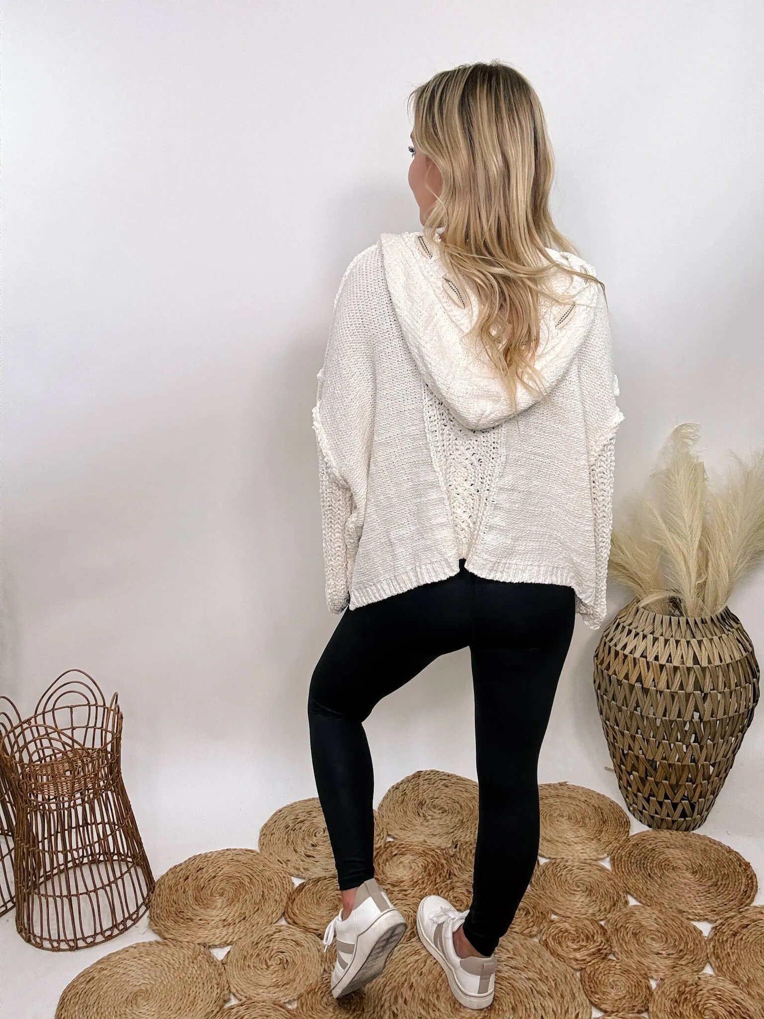 Cream V-Neck Chenille Cable Knit Sweater Hoodie