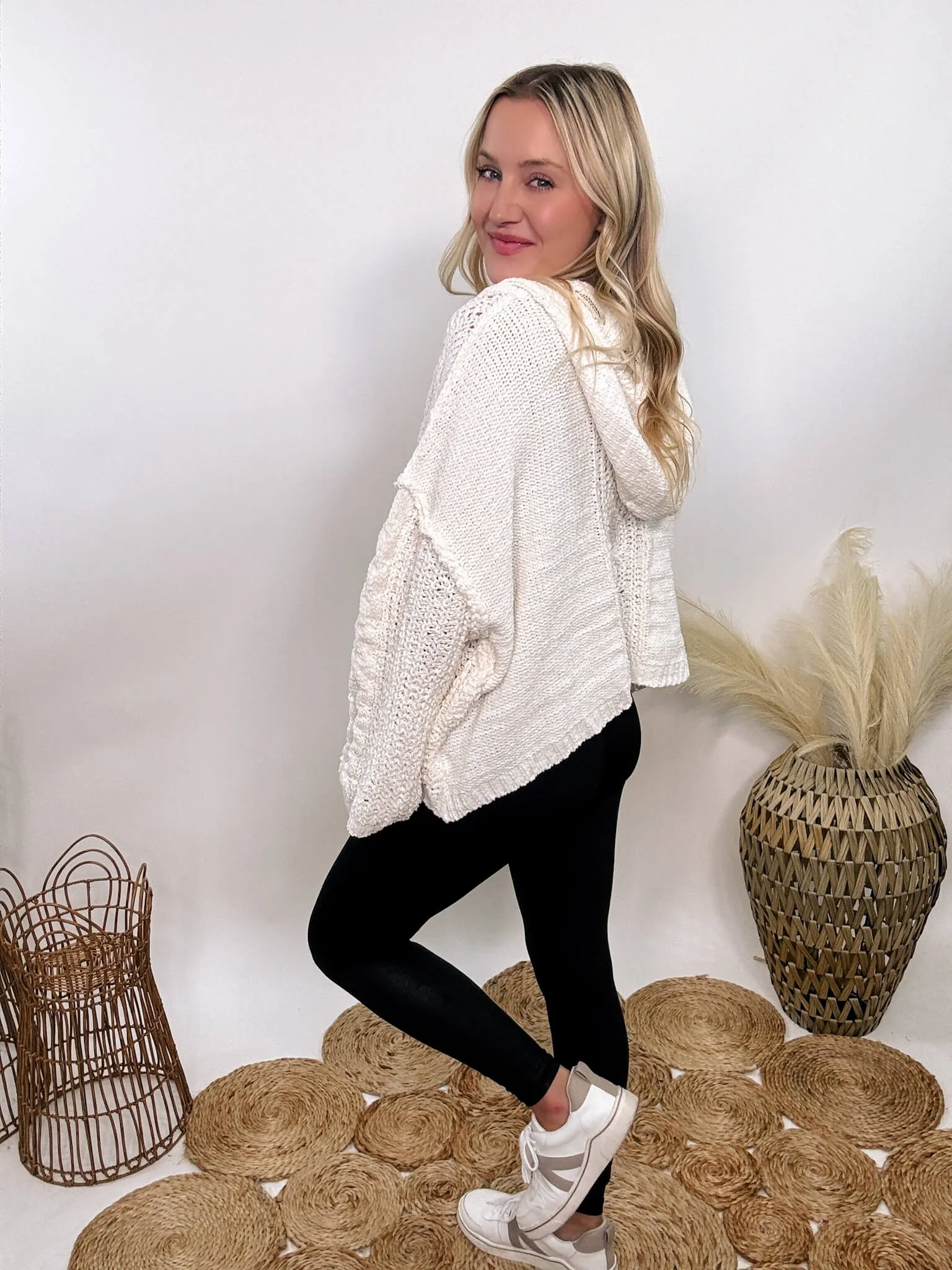 Cream V-Neck Chenille Cable Knit Sweater Hoodie