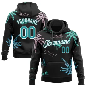 Custom Stitched Black Aqua-White 3D Pattern Design Hawaii Palm Trees Sports Pullover Sweatshirt Hoodie