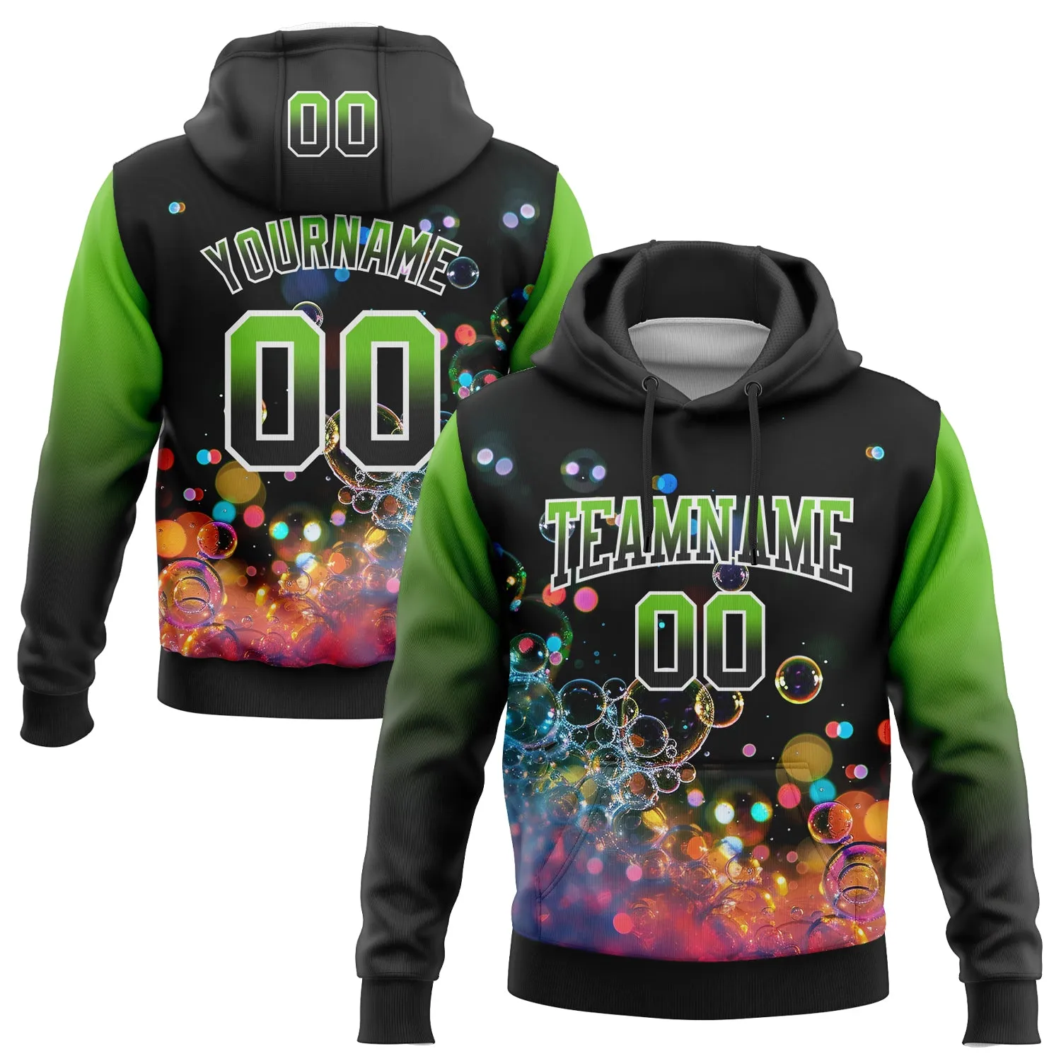 Custom Stitched Black Aurora Green-White Fade 3D Pattern Design Colorful Bubbles Sports Pullover Sweatshirt Hoodie