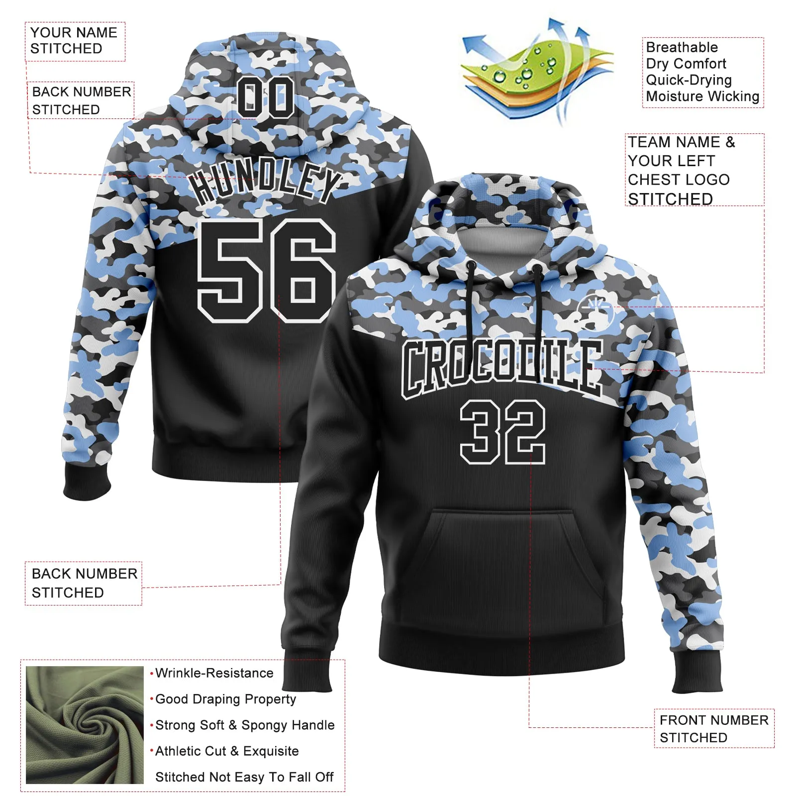 Custom Stitched Camo Black Light Blue-Steel Gray 3D Sports Pullover Sweatshirt Salute To Service Hoodie