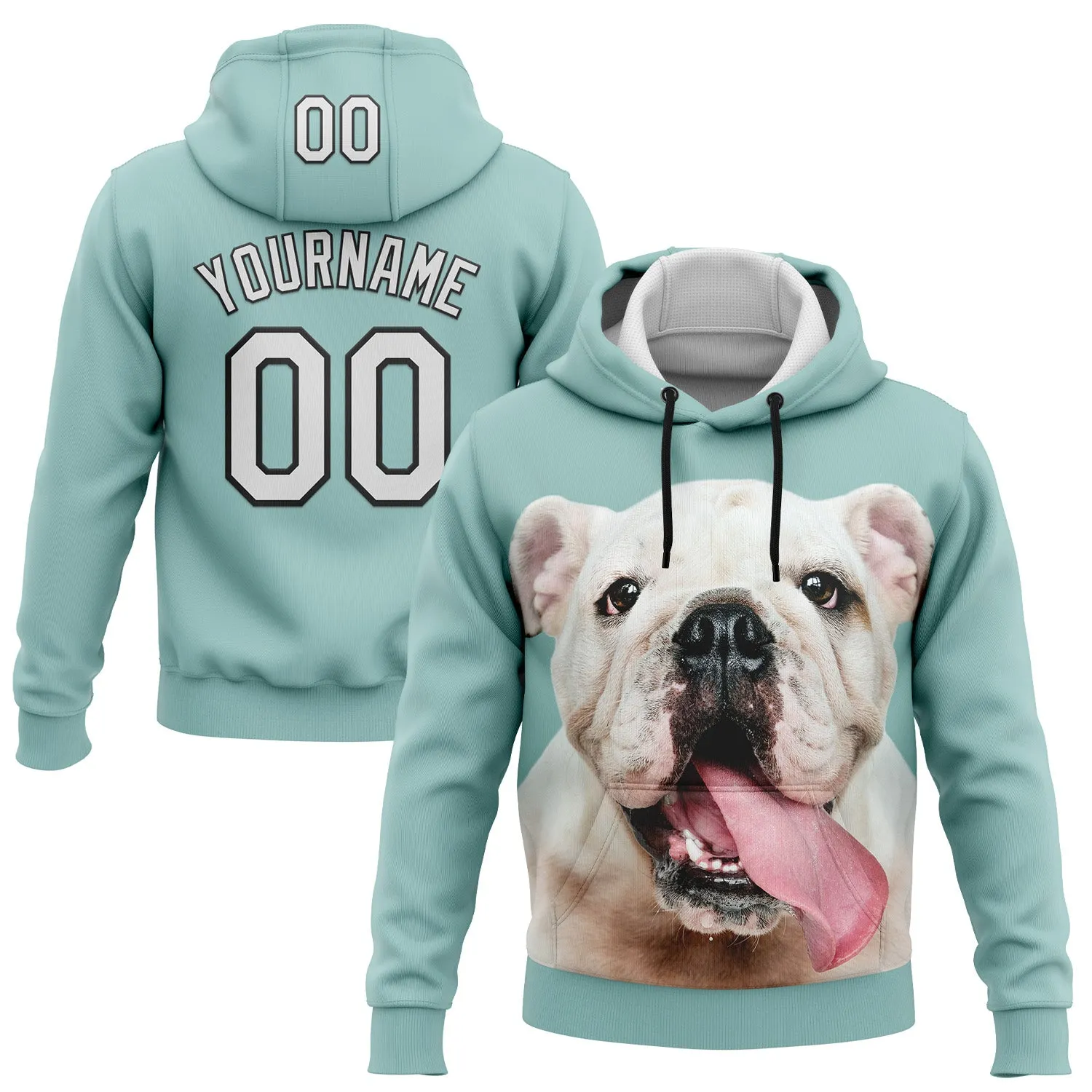 Custom Stitched Ice Blue White-Black 3D Pattern Design Bulldog Sports Pullover Sweatshirt Hoodie