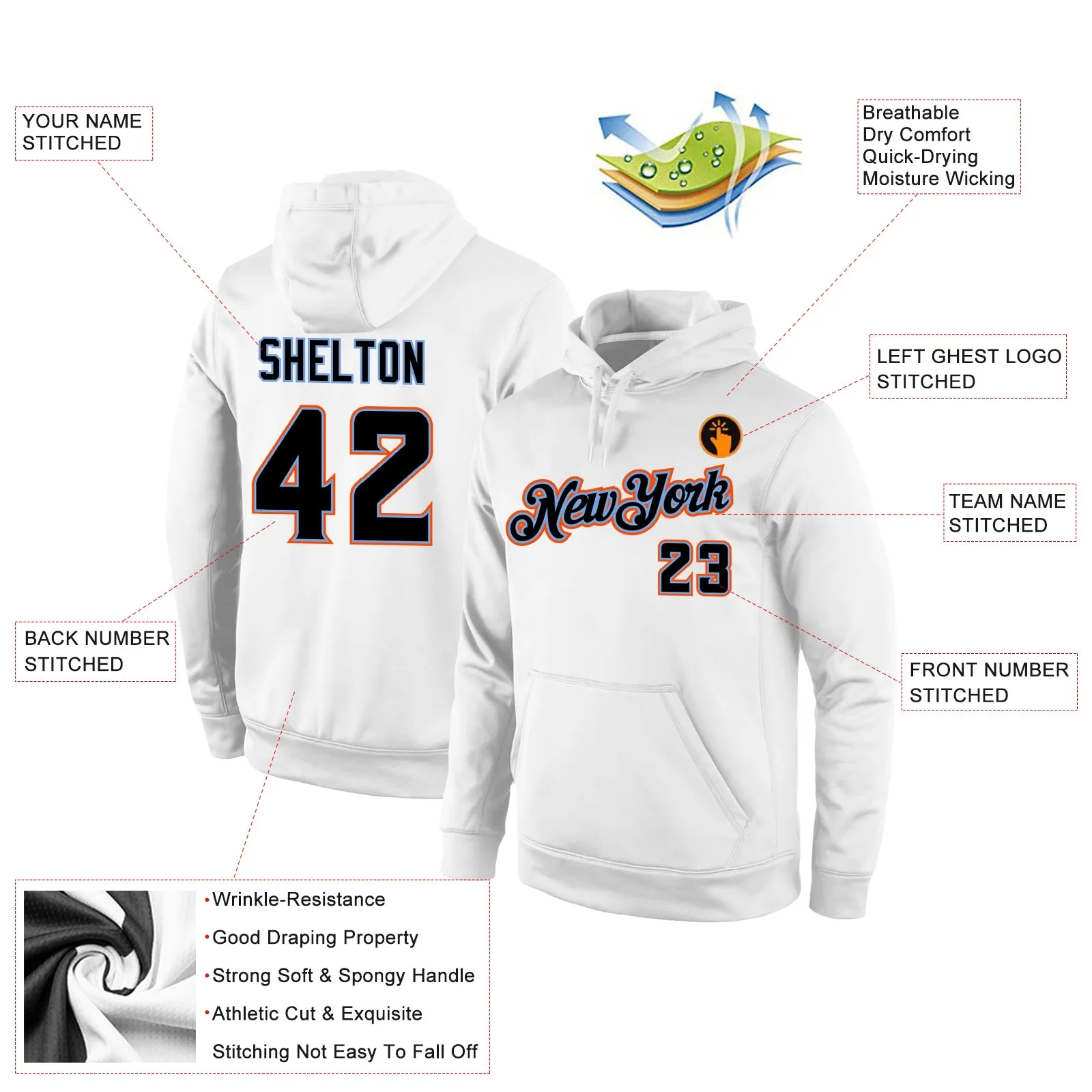 Custom Stitched White Black-Orange Sports Pullover Sweatshirt Hoodie