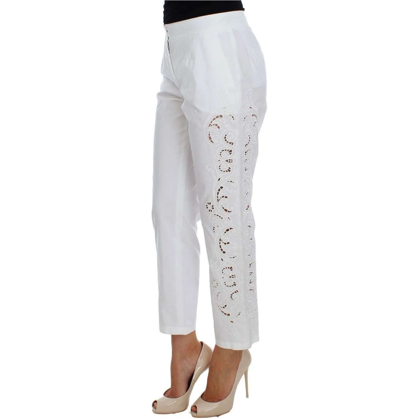 Dolce & Gabbana Elegant White Floral Cutout Dress Pants