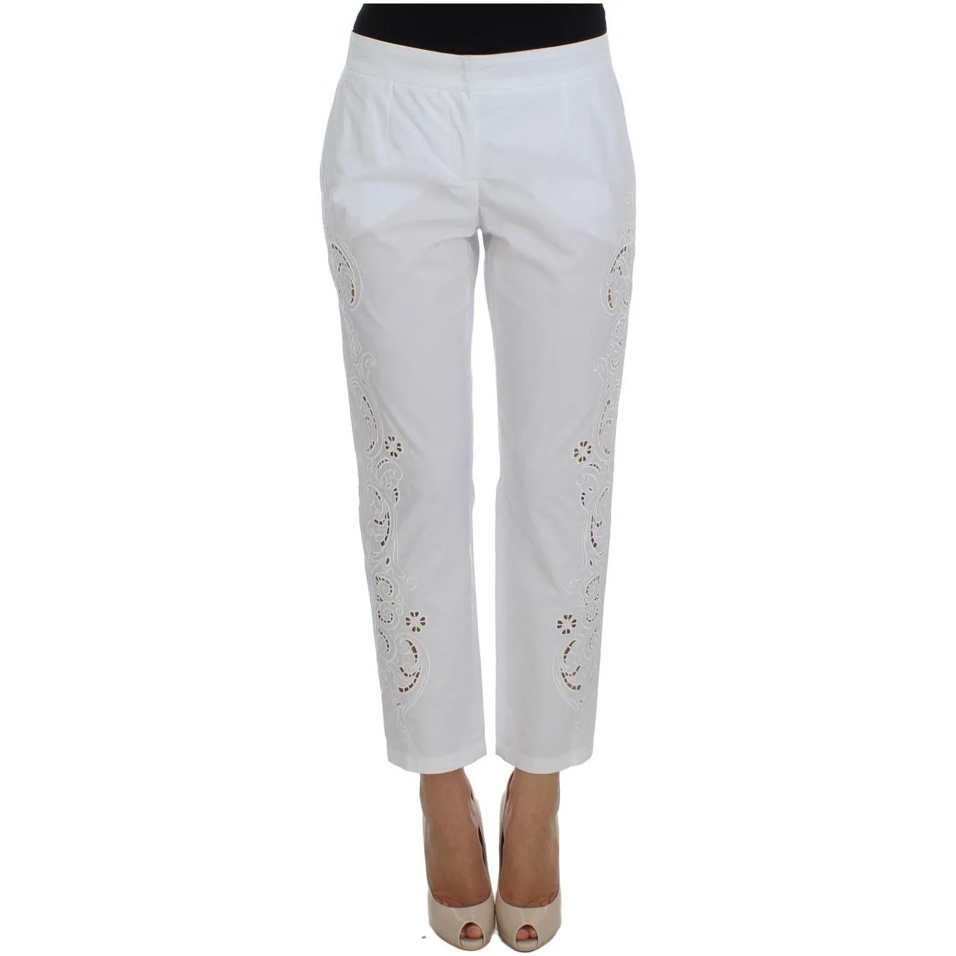 Dolce & Gabbana Elegant White Floral Cutout Dress Pants