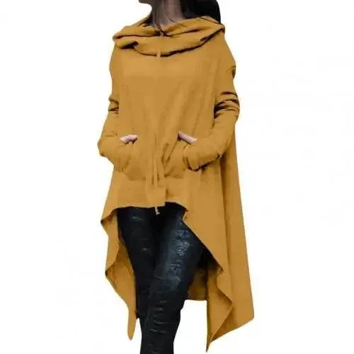 Elegant Long Hoodie for Women - Solid Color Casual Sweatshirt