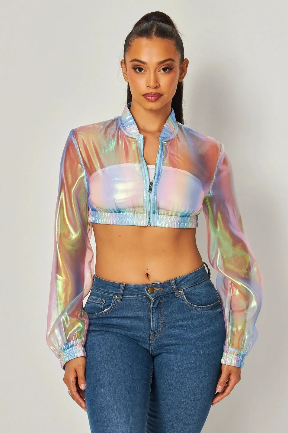 Eliza Iridescent Sheer Crop Bomber Jacket