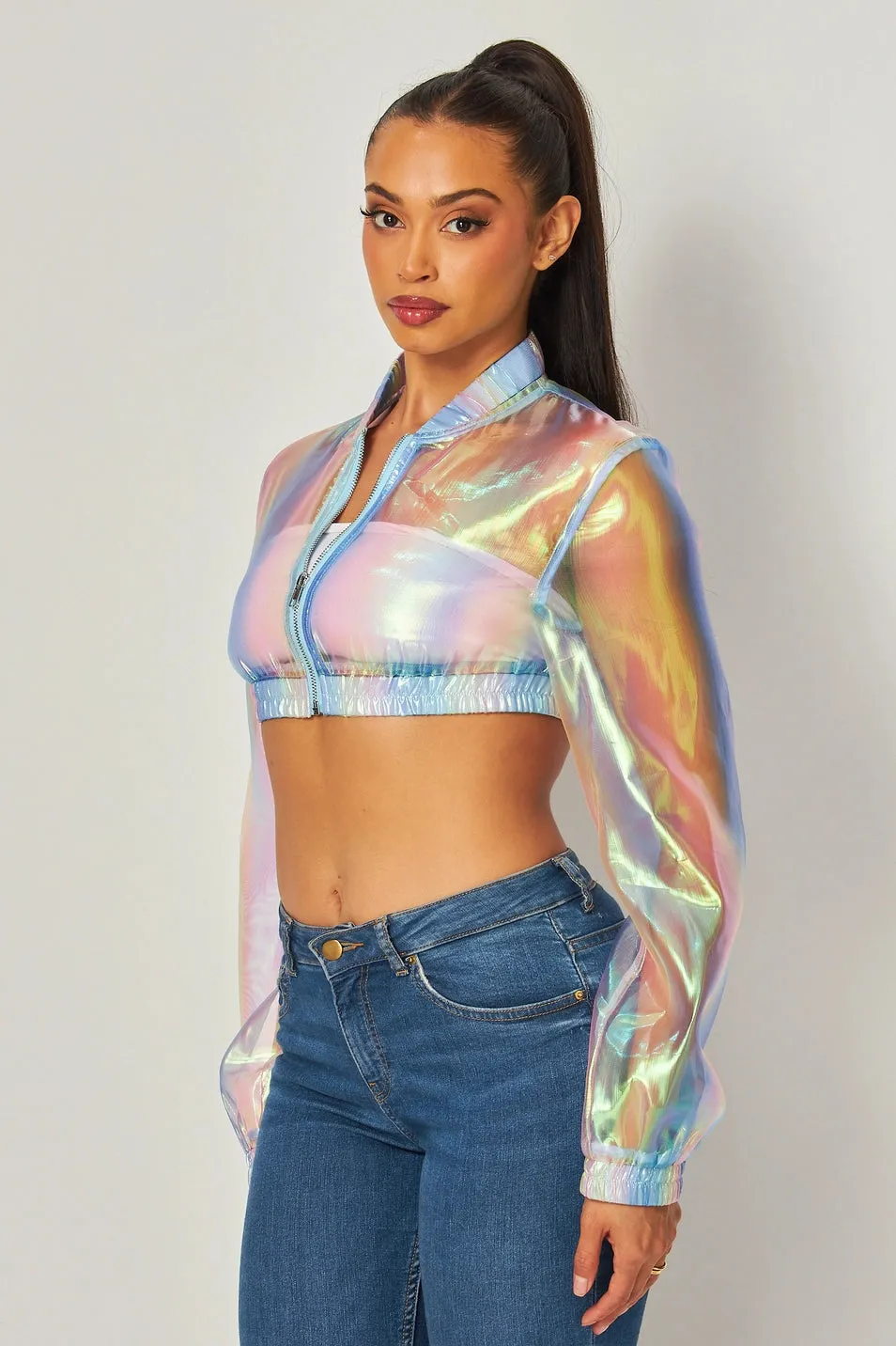 Eliza Iridescent Sheer Crop Bomber Jacket