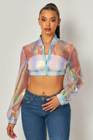 Eliza Iridescent Sheer Crop Bomber Jacket