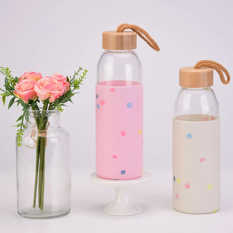 Glass Water Cup Silicone Protective Cover Insulated Glass Cup Single Layer Outdoor Glass Water Bottle