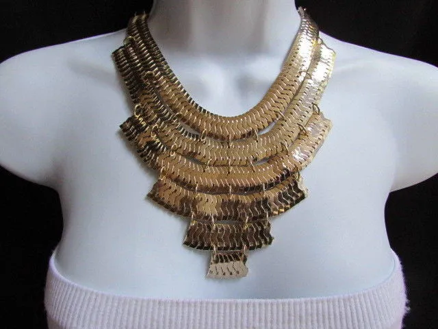 Gold Metal Chains Wide Links 6 Strands Statement Necklace Matching Earrings Set