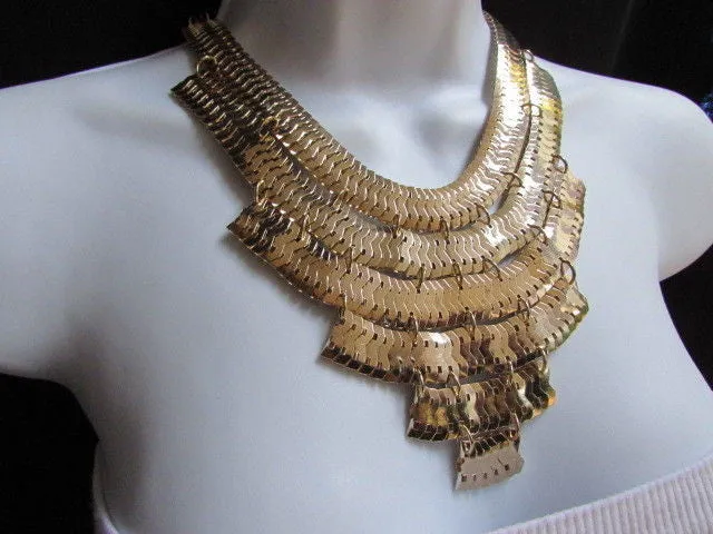 Gold Metal Chains Wide Links 6 Strands Statement Necklace Matching Earrings Set