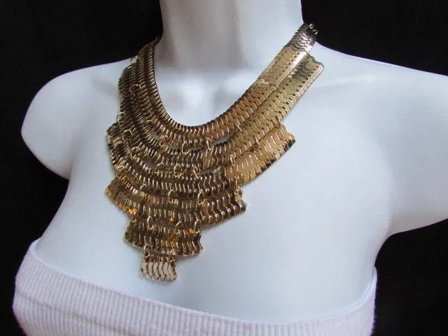 Gold Metal Chains Wide Links 6 Strands Statement Necklace Matching Earrings Set