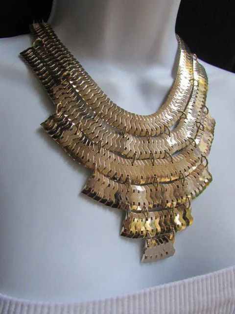 Gold Metal Chains Wide Links 6 Strands Statement Necklace Matching Earrings Set