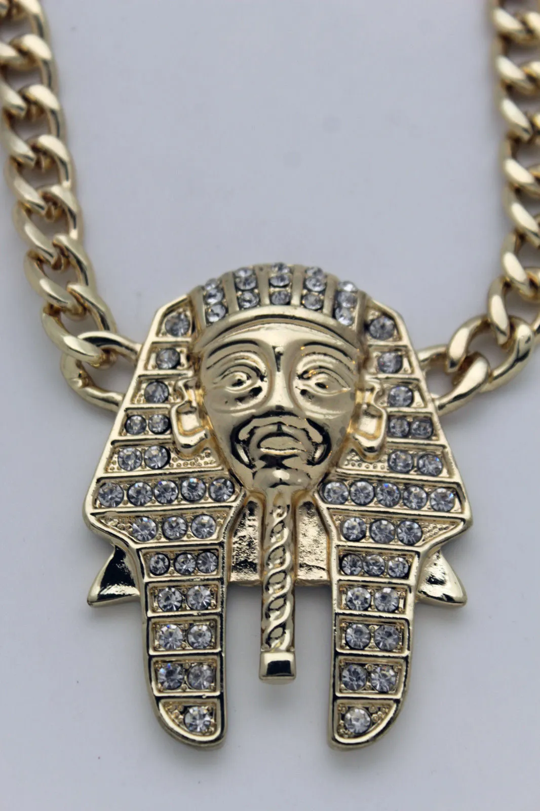 Gold Silver Metal Chain Egyptian Pharaoh Pendant Silver Rhinestones Bead Necklace