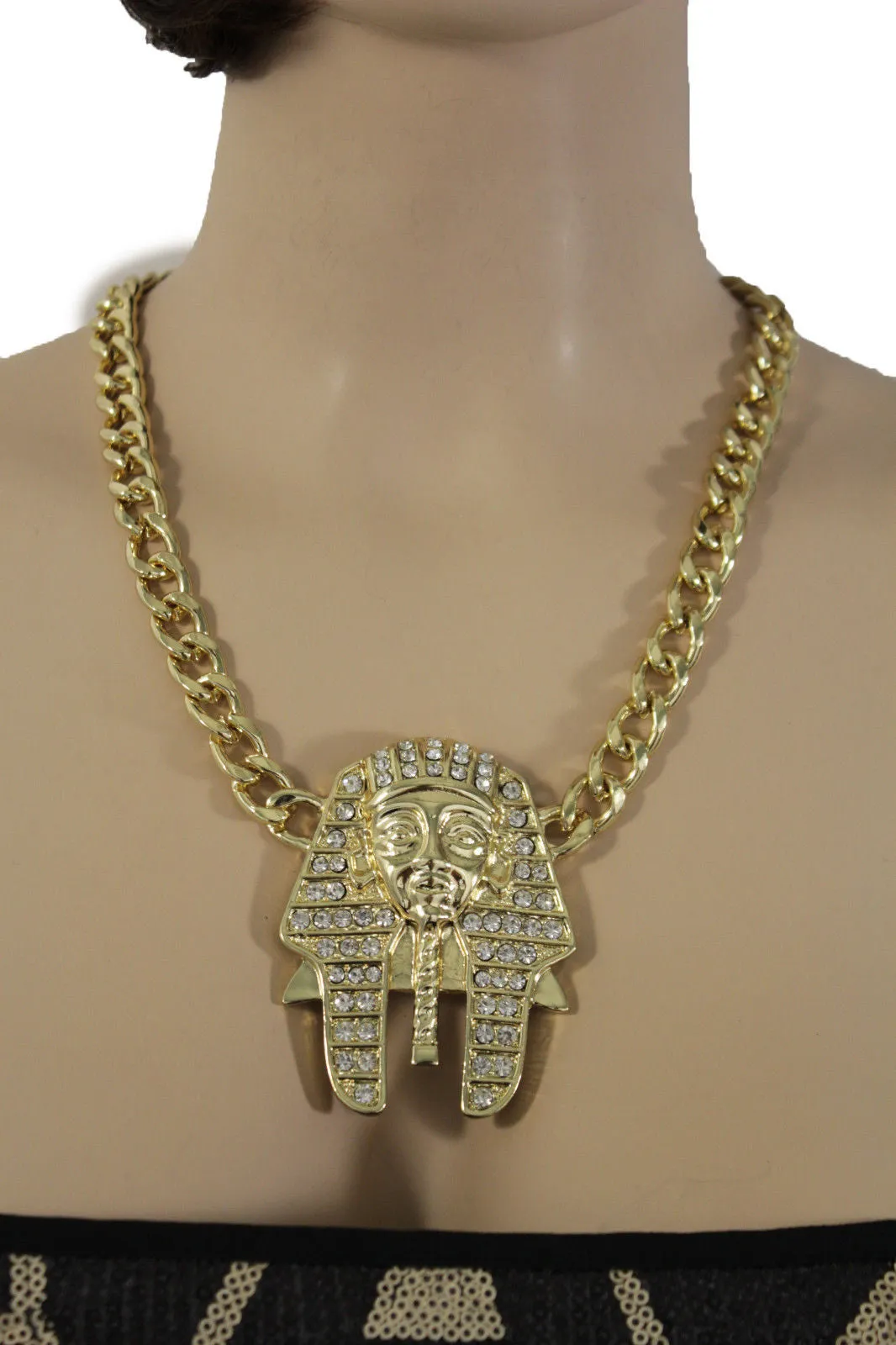 Gold Silver Metal Chain Egyptian Pharaoh Pendant Silver Rhinestones Bead Necklace