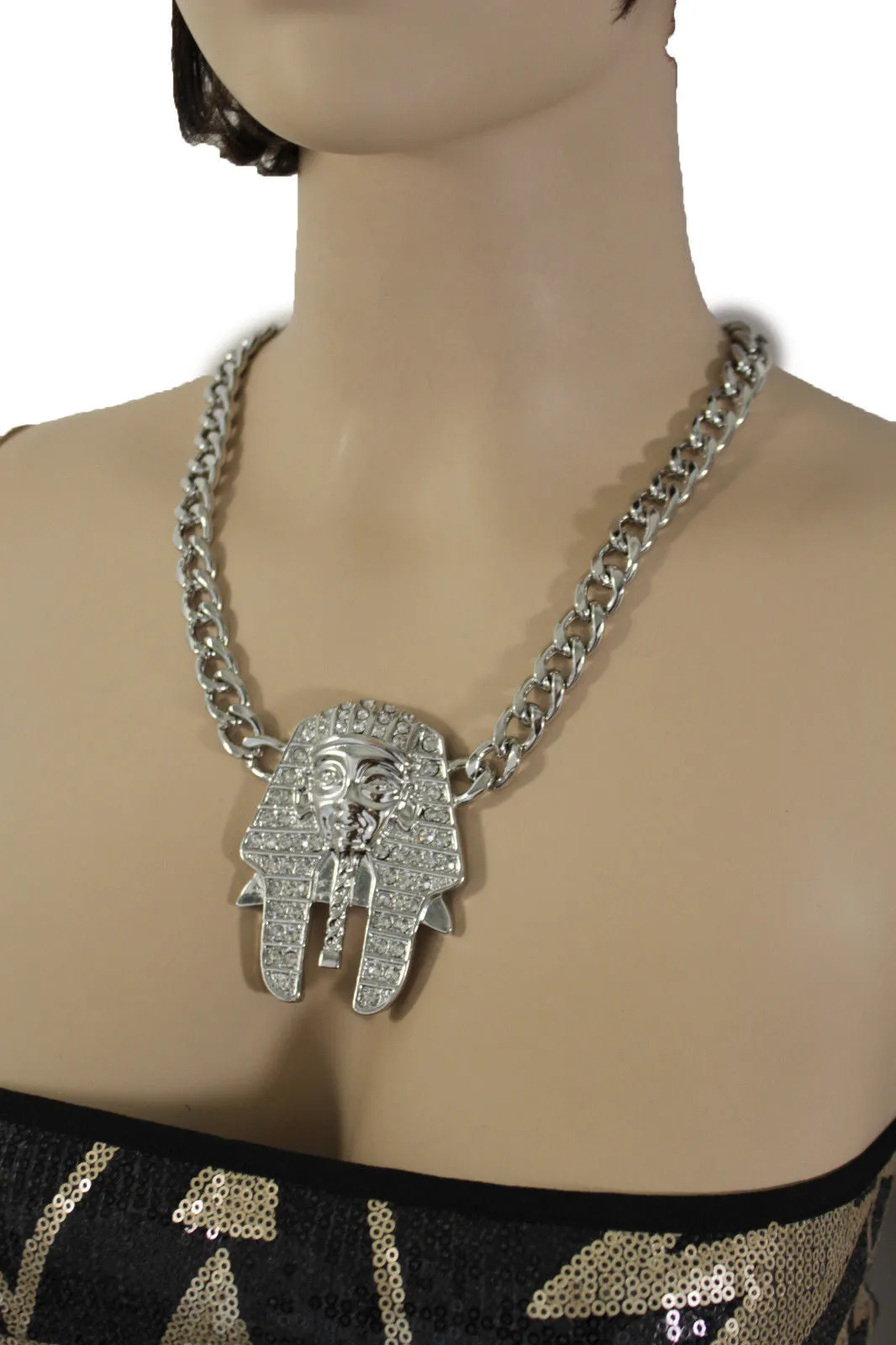 Gold Silver Metal Chain Egyptian Pharaoh Pendant Silver Rhinestones Bead Necklace