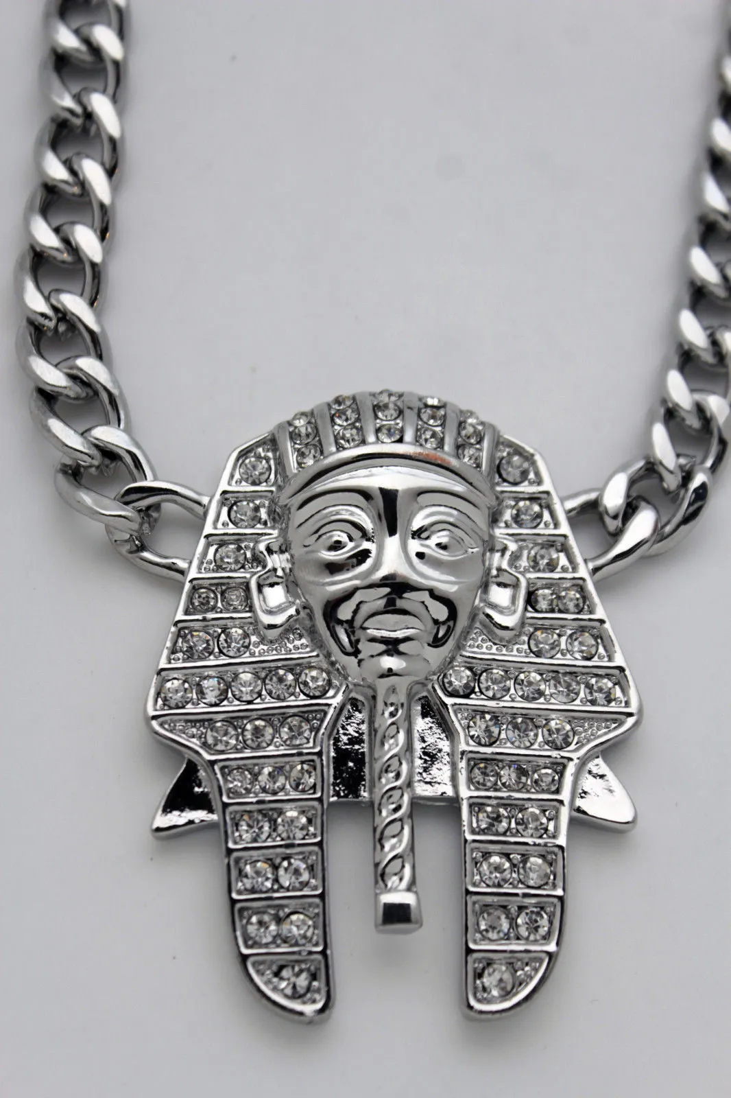 Gold Silver Metal Chain Egyptian Pharaoh Pendant Silver Rhinestones Bead Necklace