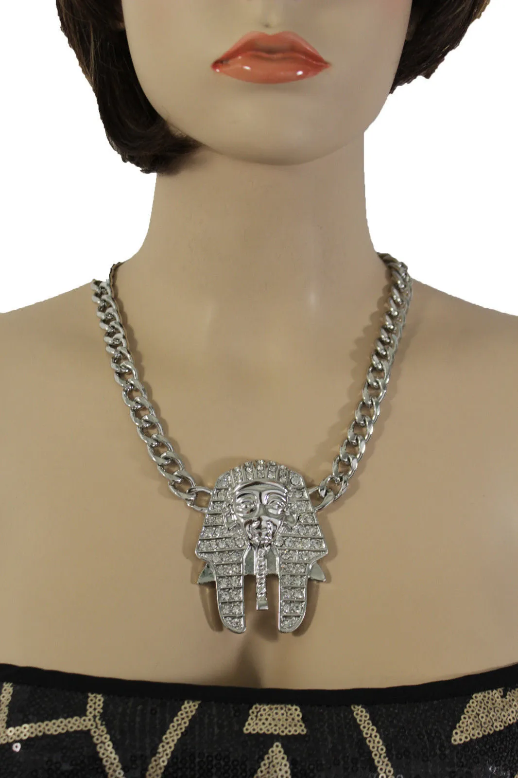 Gold Silver Metal Chain Egyptian Pharaoh Pendant Silver Rhinestones Bead Necklace