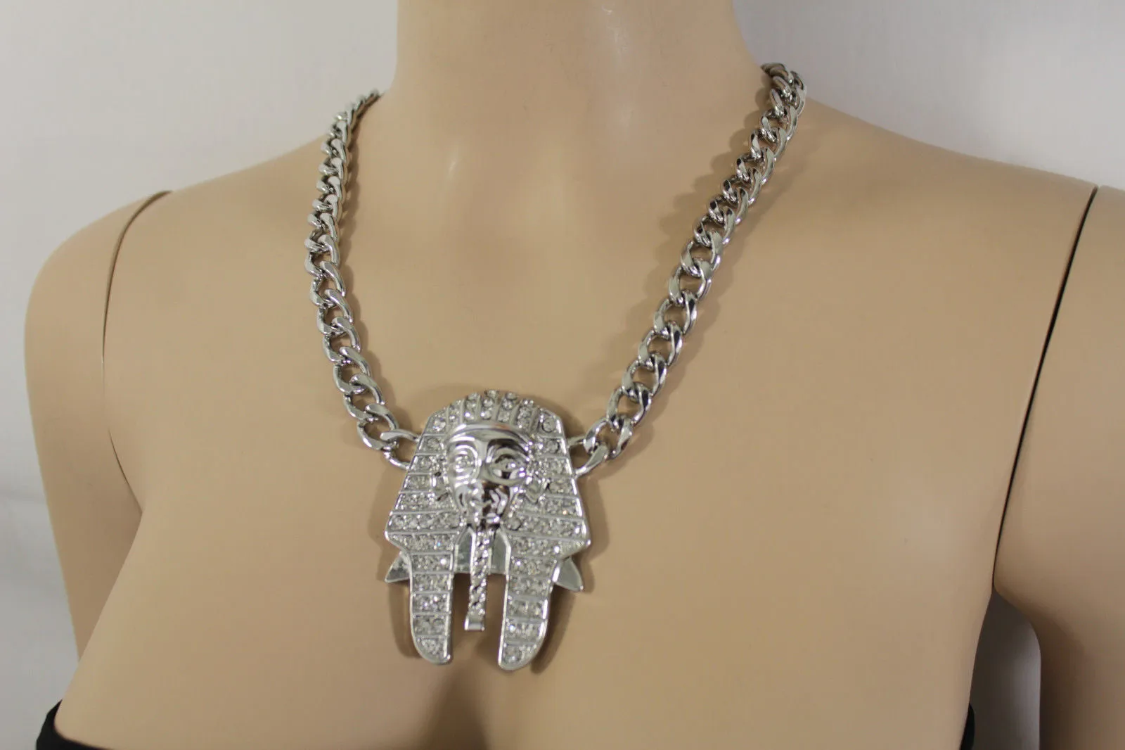 Gold Silver Metal Chain Egyptian Pharaoh Pendant Silver Rhinestones Bead Necklace